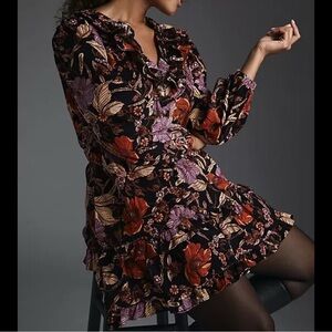 Anthropologie Pilcro Tiered Corduroy Floral Ruffle Mini Dress